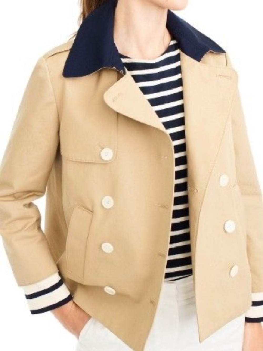 Jcrew short trench coat, removable stripe cuffs